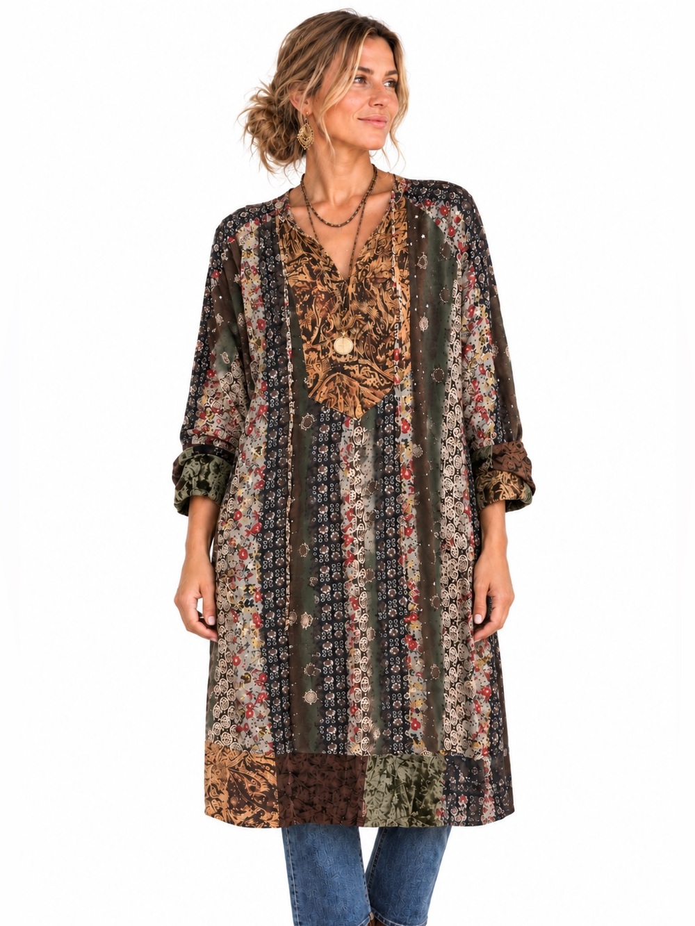 Newport News Vintage Patchwork Paisley Velvet Shirt Hooded Dress Boho Festival